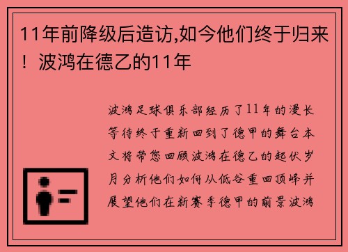 11年前降级后造访,如今他们终于归来！波鸿在德乙的11年