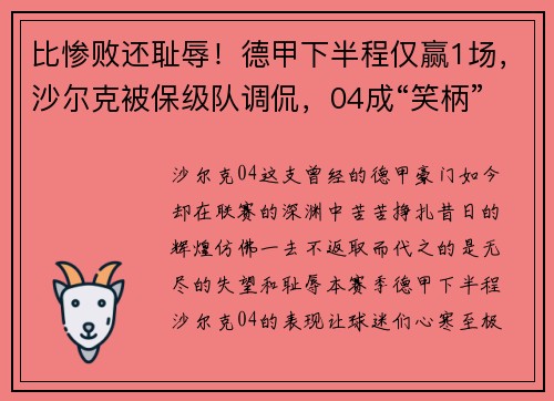 比惨败还耻辱！德甲下半程仅赢1场，沙尔克被保级队调侃，04成“笑柄”